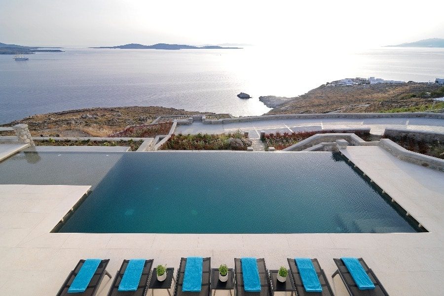 luxury villas - shot from above of the pool and sea