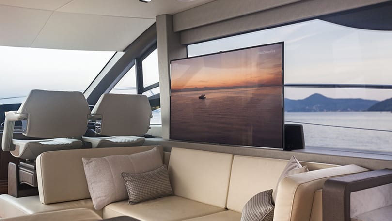 luxury yachts - living room of yacht with large tv screen