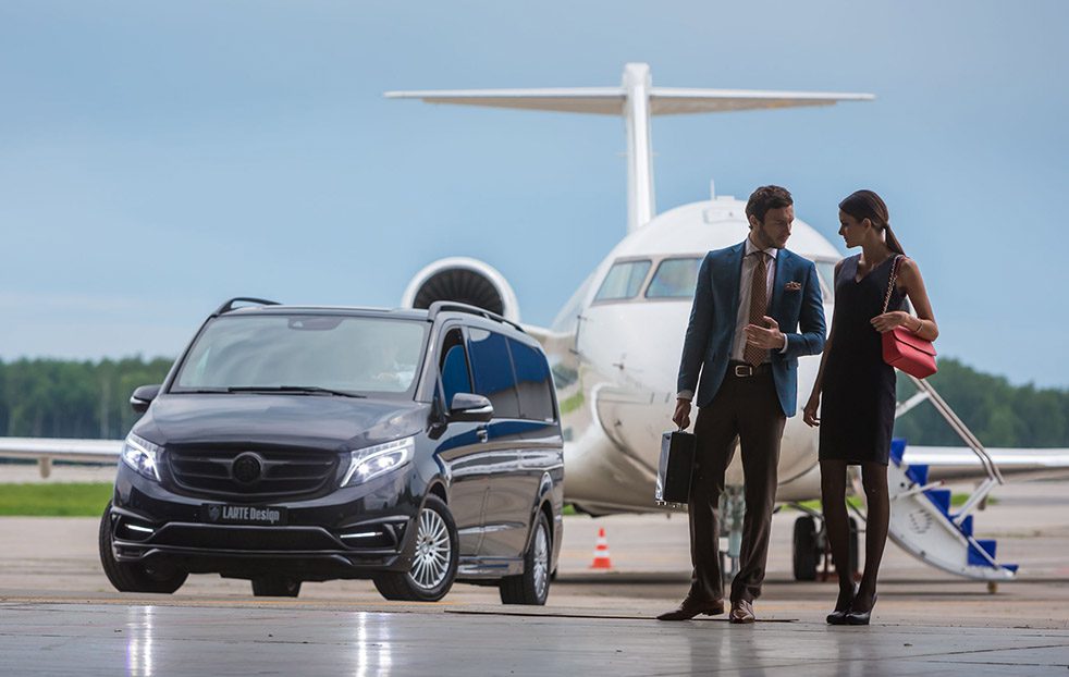 luxury transportation - couple with mercedes and airplane