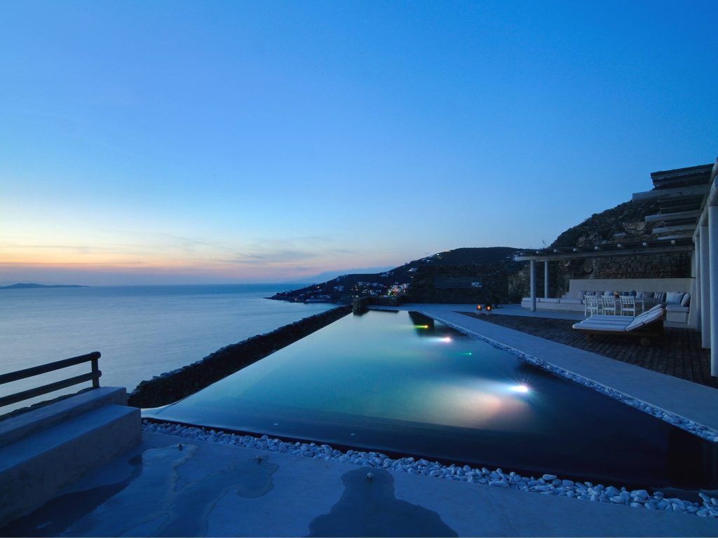 luxury villas - poolview by night with seaview